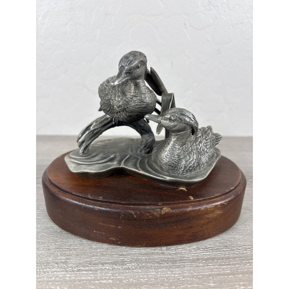 Vintage 1976 Barques Pewter Duck Figurine on Wood Base Wildlife Sculpture